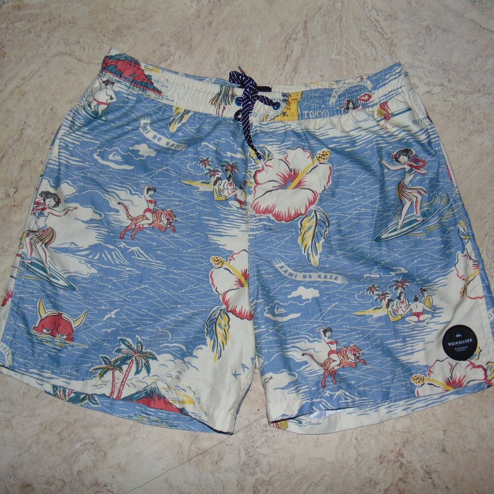 Quicksilver Pin Up Girl Devil Kami No Kaze Volley Shorts Brief Lined Swim Trunks